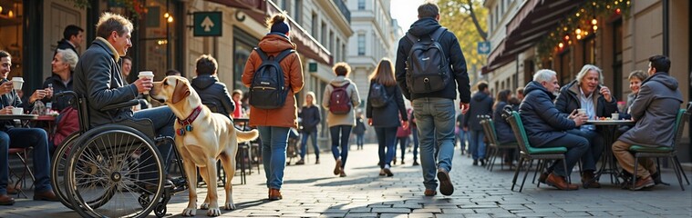 Busy city street with people and wheelchair user with guide dog