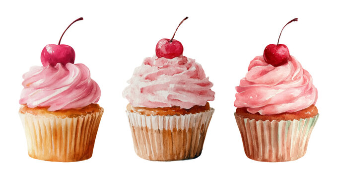 Sweet cupcakes collection in watercolor style. Vintage cake illustrations with cream, cherry and custard. Set of cute cupcakes for bakery menus, birthday invitations and dessert themes.