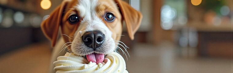 Puppy enjoying a delicious ice cream cone indoors