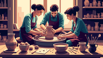 Team collaborating in ceramics workshop creating pottery art together