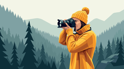 Winter hiker capturing mountain scenery with camera in cozy outfit