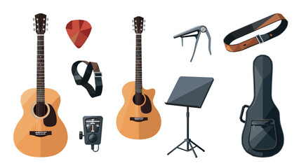 Naklejka premium Acoustic guitar set with accessories in modern flat style for musical enthusiasts