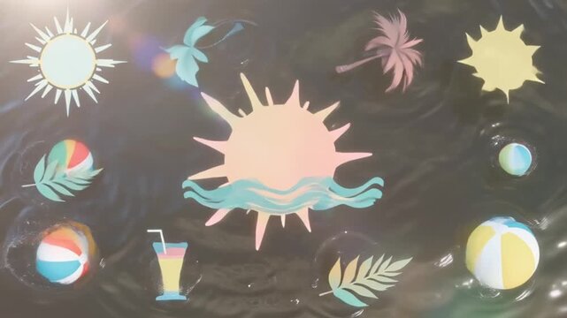 4K stock video, top view pastel water ripple surface moving, floating summer objects seashells, sunglasses, tropical leaves, flowers natural lighting bokeh reflections water, dreamy cinematic shadows