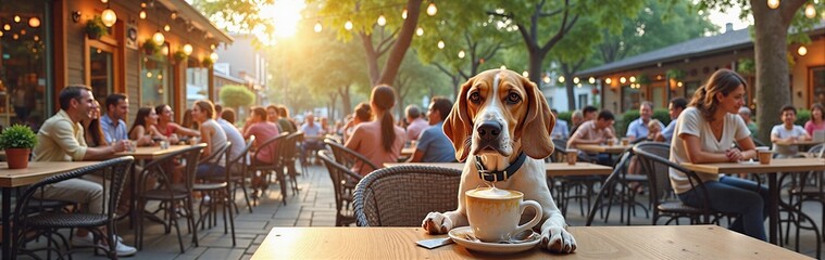 Beagle enjoys coffee at outdoor caf&eacute; with lively crowd in sunny park