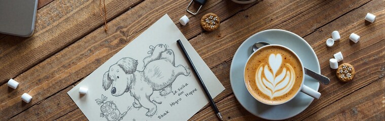 Creative workspace with coffee, sketch, latte art, and marshmallows on wooden table