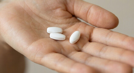 A human hand carefully displaying three white pills, representing essential daily medicine for health and therapeutic treatment for wellbeing