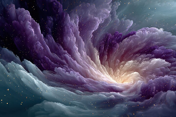 An abstract cosmic composition with swirling clouds reminiscent of a galaxy or energy flow.  