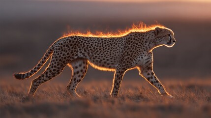 Fototapeta premium Majestic Cheetah Walking Gracefully Across the Savanna at Sunset with a Glowing Backlit Mane