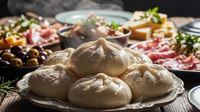 Serving Variety of Mediterranean Food Including Burrata and Olives