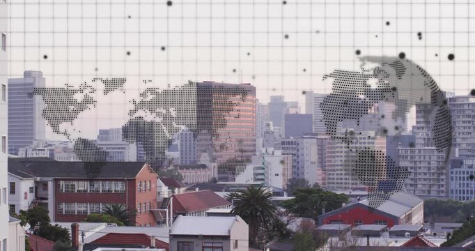 Overlay start over skyline sending dots down grid, right globe forming moving in to show network