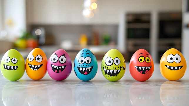 Row of beautiful colorful eggs with cute monster faces on a kitchen table on a clear day