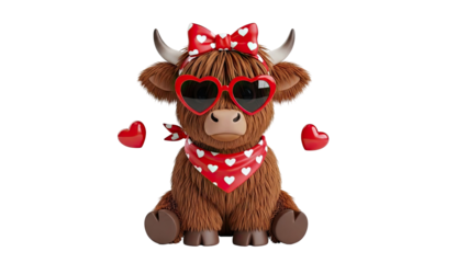 Cute Highland Cow with Heart-Shaped Accessories