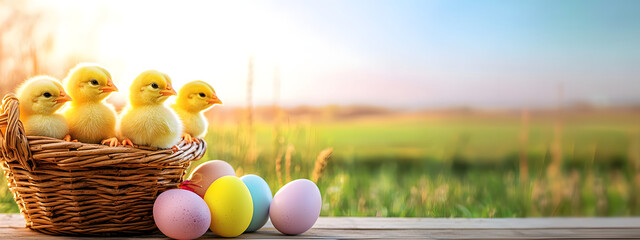 Fluffy yellow chicks sit in a wicker nest next to Easter eggs on a wooden surface, against a backdrop of green fields and a clear, sunny sky