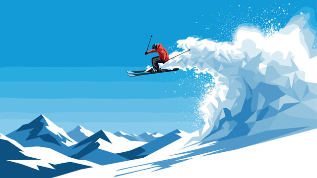 Dynamic ski jumper in low poly style amidst snowy mountains
