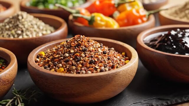 Exploring various spices and herbs used in cooking with colorful ingredients arranged in bowls on a table