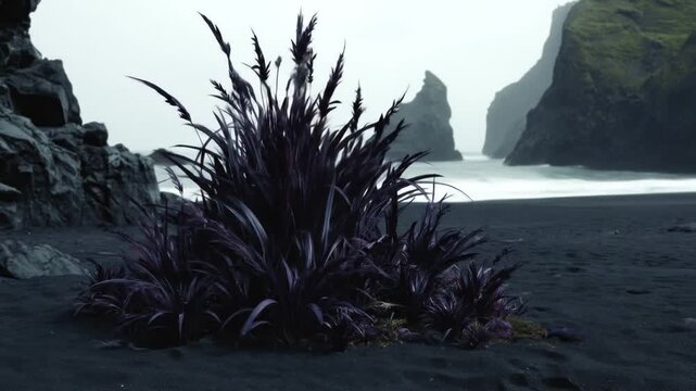 A coastal landscape showcases a dark beach with dramatic cliffs and a vibrant patch of purple vegetation