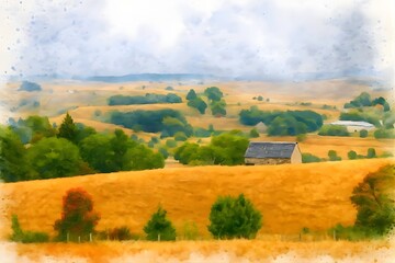 Fototapeta premium Golden Harvest Fields of Aubrac – French Countryside Landscape Watercolor