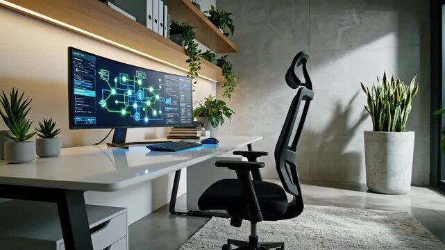 Modern office desk setup with a curved computer monitor and ergonomic chair
