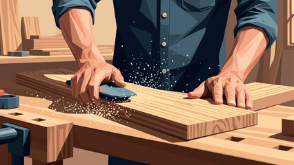 Skilled woodworker sanding wooden plank in rustic workshop setting