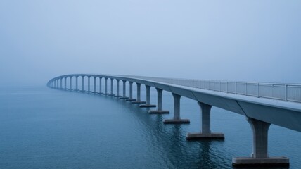 Obraz premium Long curving concrete road bridge stretching far across wide open expanse of water disappearing into heavy fog