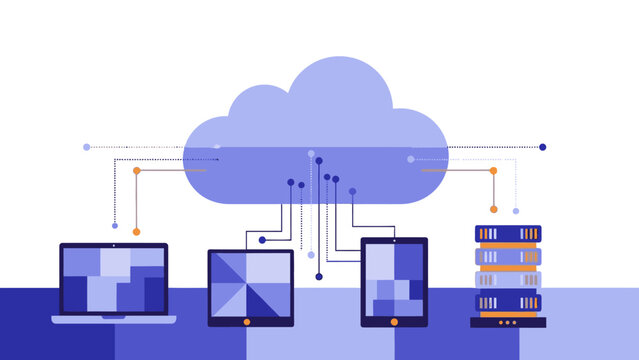 Cloud computing illustration showcasing multiple devices connected to a central cloud storage system with database servers