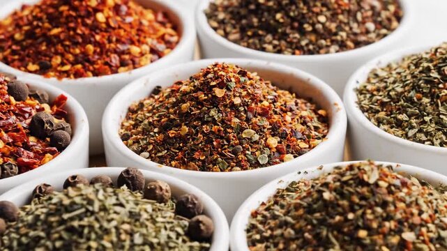 Top down view of assorted seasoning blends in white bowls