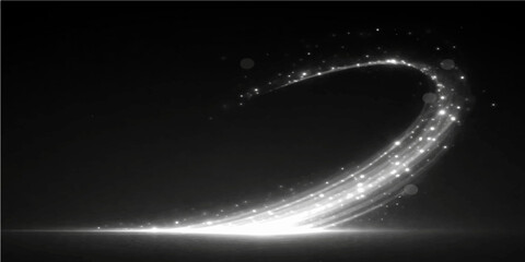 An abstract digital art illustration of a dark blue universe background featuring a glowing planet sphere with motion particles and light rays flaring across a starry night sky wallpaper © FANUSH