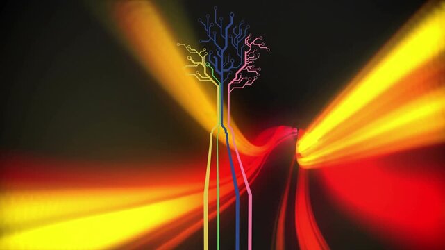 Animation of digital shape over geometrical orange lights