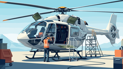 Fototapeta premium Technician performing maintenance on helicopter in modern airport hangar