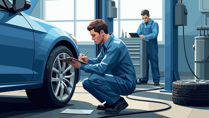 Professional auto mechanics working in a modern garage environment