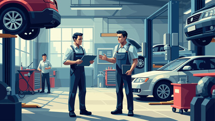 Modern auto repair shop with mechanics in uniform discussing repairs in a garage