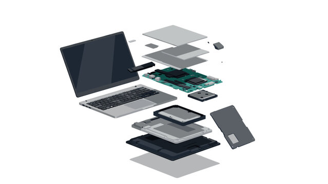 Exploded view of laptop components in modern 3d style for technology enthusiasts