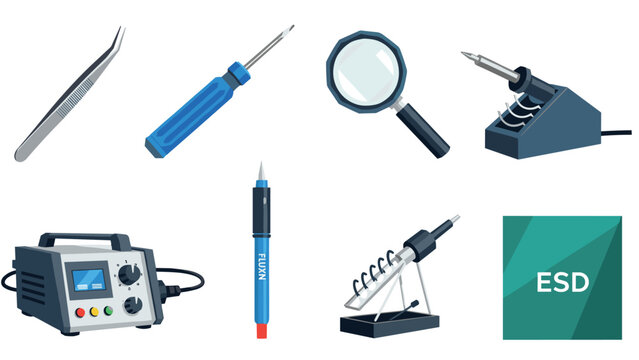 Electronic tools set featuring soldering iron, tweezers, and magnifying glass