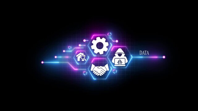 Digital network concept with data icon and glowing abstract lines on black background technology connection