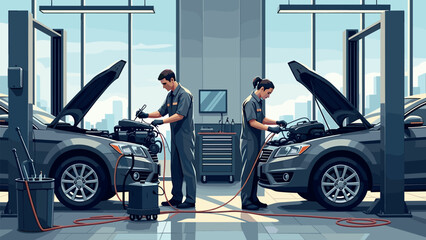 Automotive repair shop scene with mechanics working on cars in garage setting