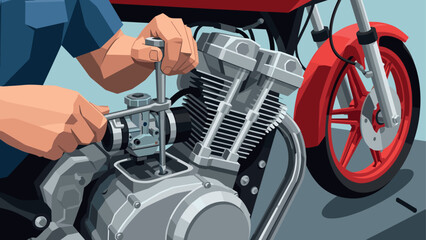 Mechanic working on motorcycle engine with tools in geometric art style