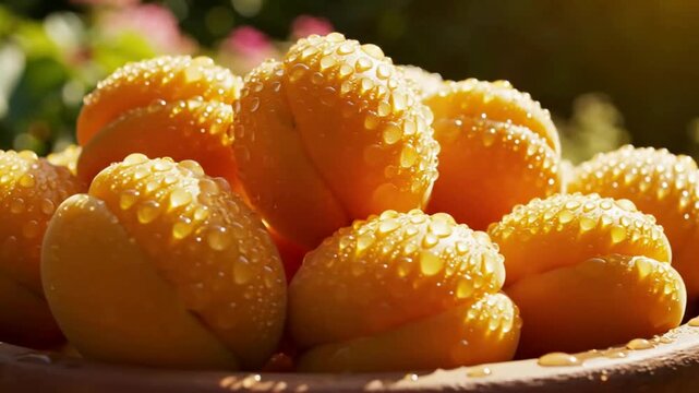 Delicious Golden Apricots Glistening with Fresh Water Drops in Bright Summer Sunlight, Perfect Healthy Fruit Harvest
