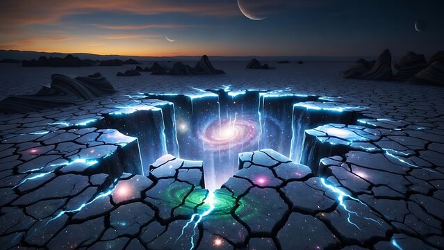 Cosmic portal revealing a vibrant galaxy in a desolate, cracked alien landscape under a multi-moon twilight sky.