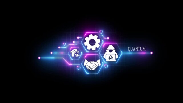 Quantum computing network with icons for quantum technology security and hacking on a dark background