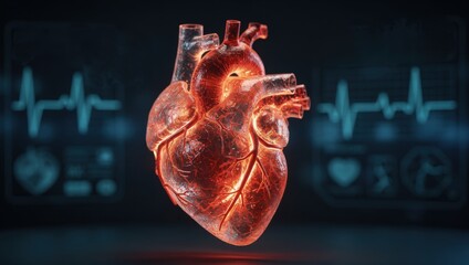 Advanced medical concept of a 3D digital human heart with transparent glowing arteries and veins symbolizing cardiology, cardiovascular health, and modern technology.