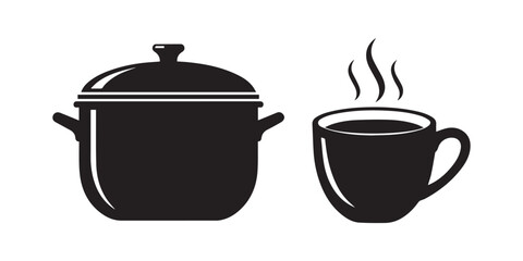 Obraz premium Vector illustration of a cooking pot icon and a hot coffee mug symbol featuring steam and a brown beverage silhouette for a cafe breakfast logo design