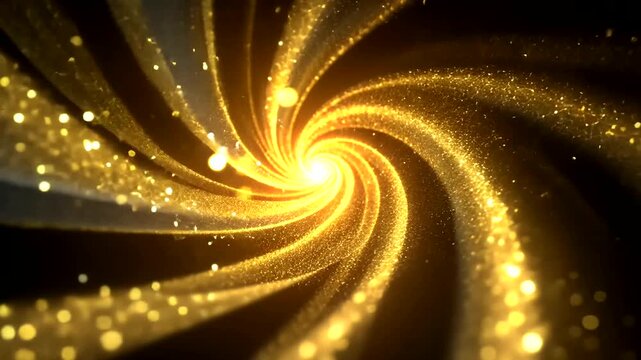 Golden, spiraling tunnel of light and particles against a dark, contrasting backdrop