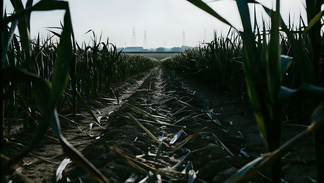 A hazy horizon over a sparse, salt‑flecked wheat field with heat shimmer around distant silos depicts chronic megadrought eroding staple yields, export earnings and rural incomes in a warming world.