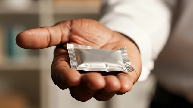 hand holds condom wrapper to illustrate safe sex video.