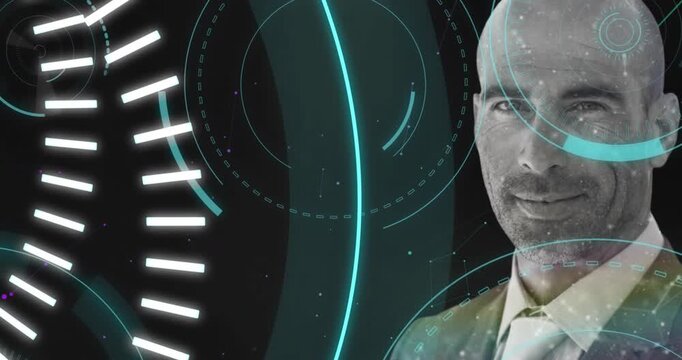 5g text and multiple round scammers over portrait of caucasian businessman against black background