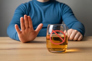 Saying no to alcohol A hand stopping towards a glass of beer