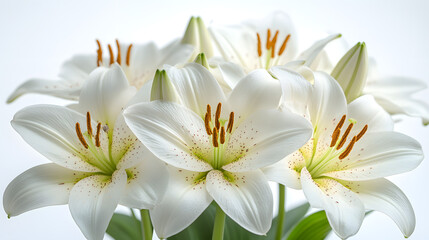 Group of white lilies arranged together in a simple display on a light background at a floral shop in the daytime
