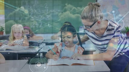 Animation of network of connections over diverse schoolchildren and teacher in classroom - Powered by Adobe