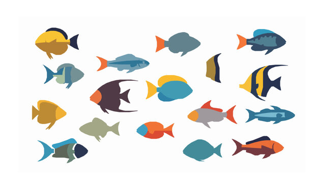 Colorful Flat Fish Collection Vector Illustration Isolated on White Background