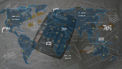 Animation of data processing and world map over calculator - Powered by Adobe